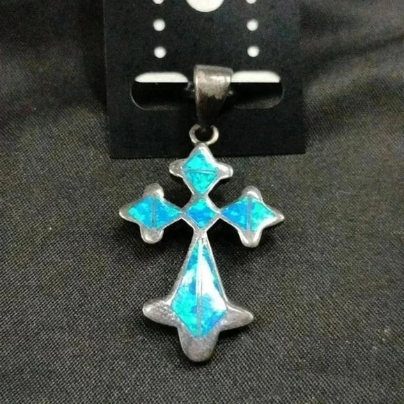 Sterling Silver and Lab Opal Cross Pendant - Picture 1 of 2